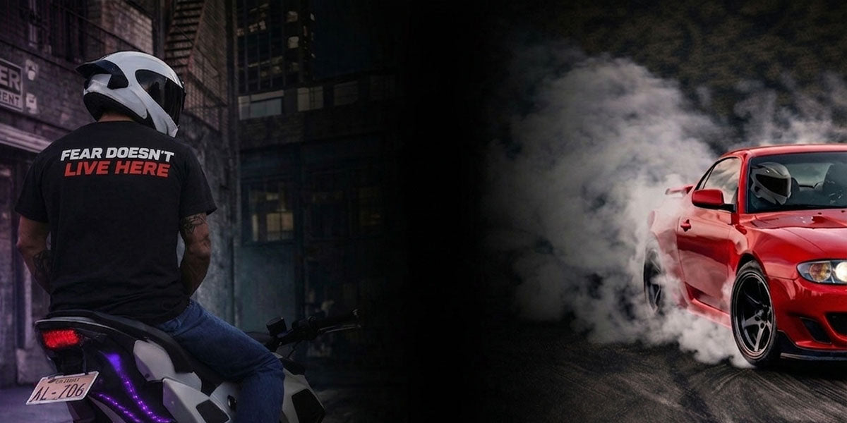 Person on a motorcycle with a helmet and wearing CBXX apparel, red car with smoke effects in an urban setting.